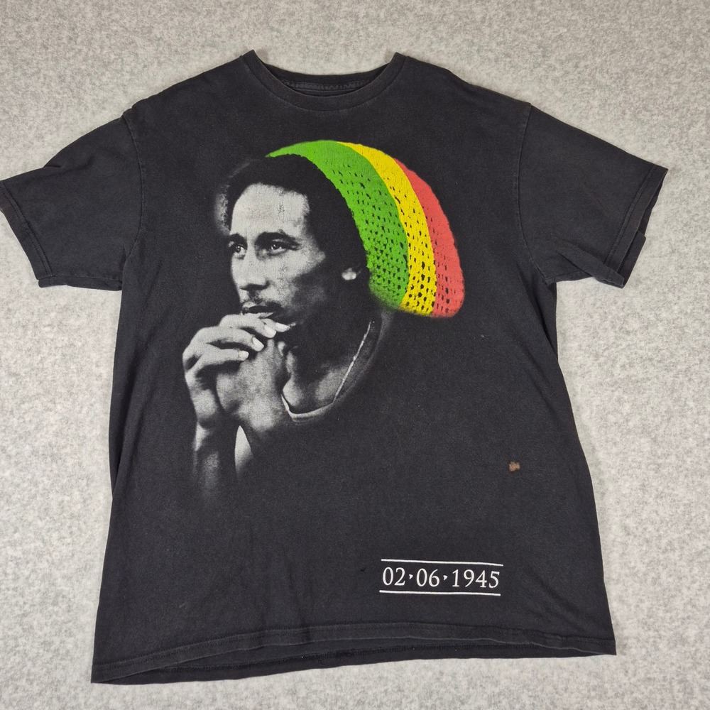 Zion Rootswear Bob Marley Graphic T-Shirt Mens L Black Rasta Reggae Portrait